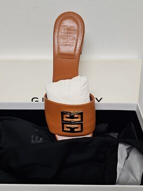 Givenchy Men's Cognac Leather Slide with Black-Gold Logo Plaque